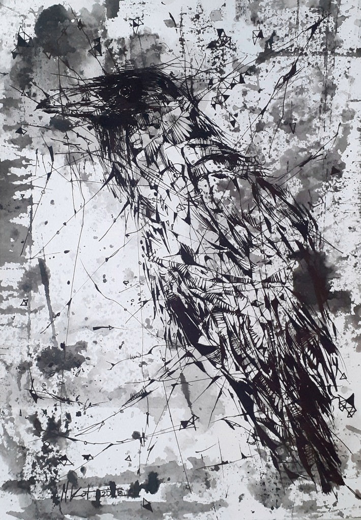 CIEKAWY RYSUNEK TUSZEM KRUK PTAK ORYGINAŁ 21X29,7