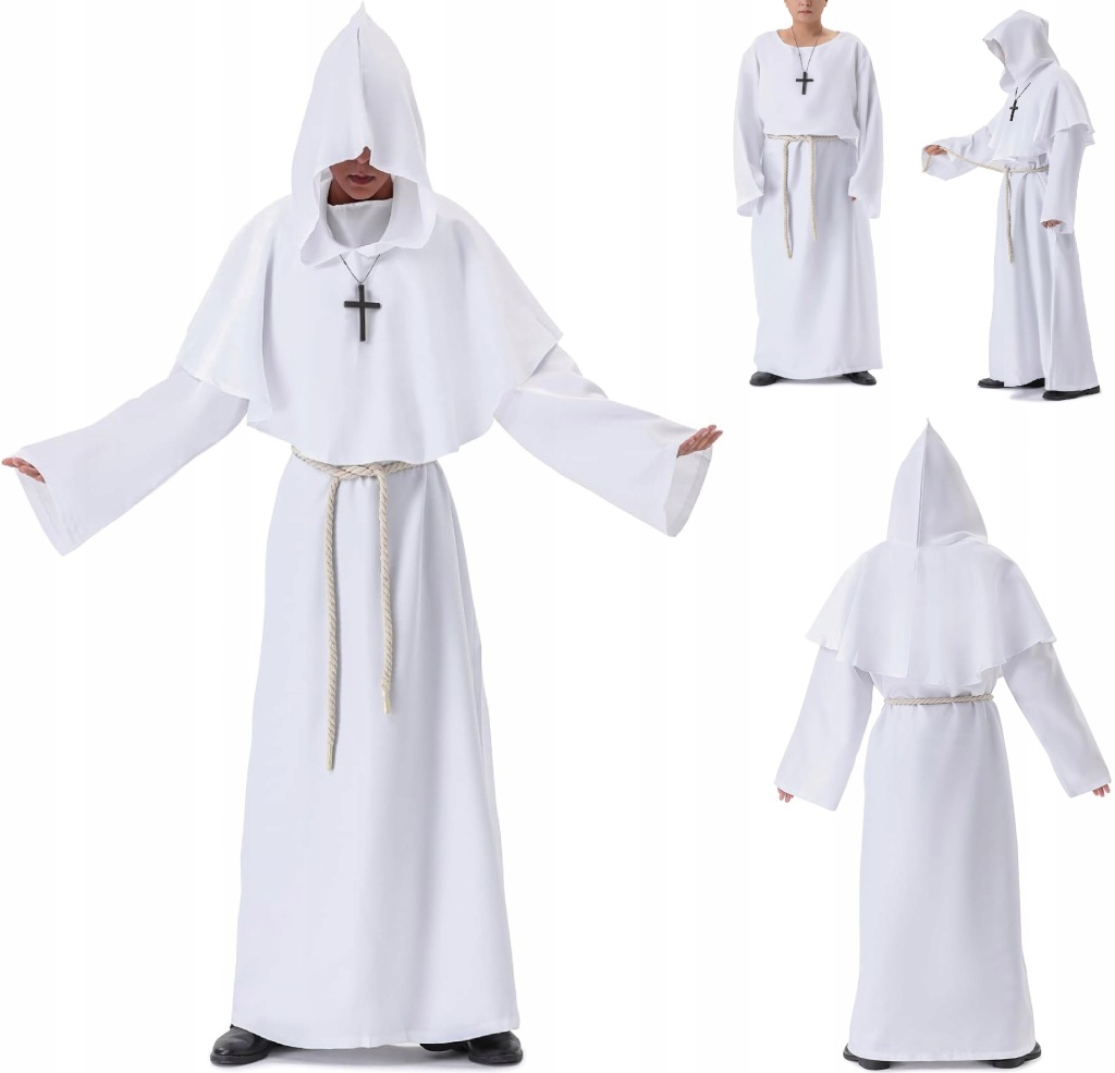 KOSTIUM MNICHA PRZEBRANIE NA HALLOWEEN STRÓJ PELERYNA MNICH BIAŁY M