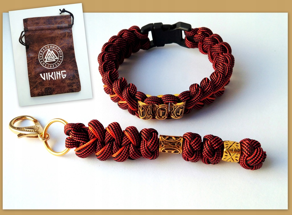 KOMPLET - VIKING RUNY bransoletka brelok PARACORD woreczek VALKNUT - GRATIS