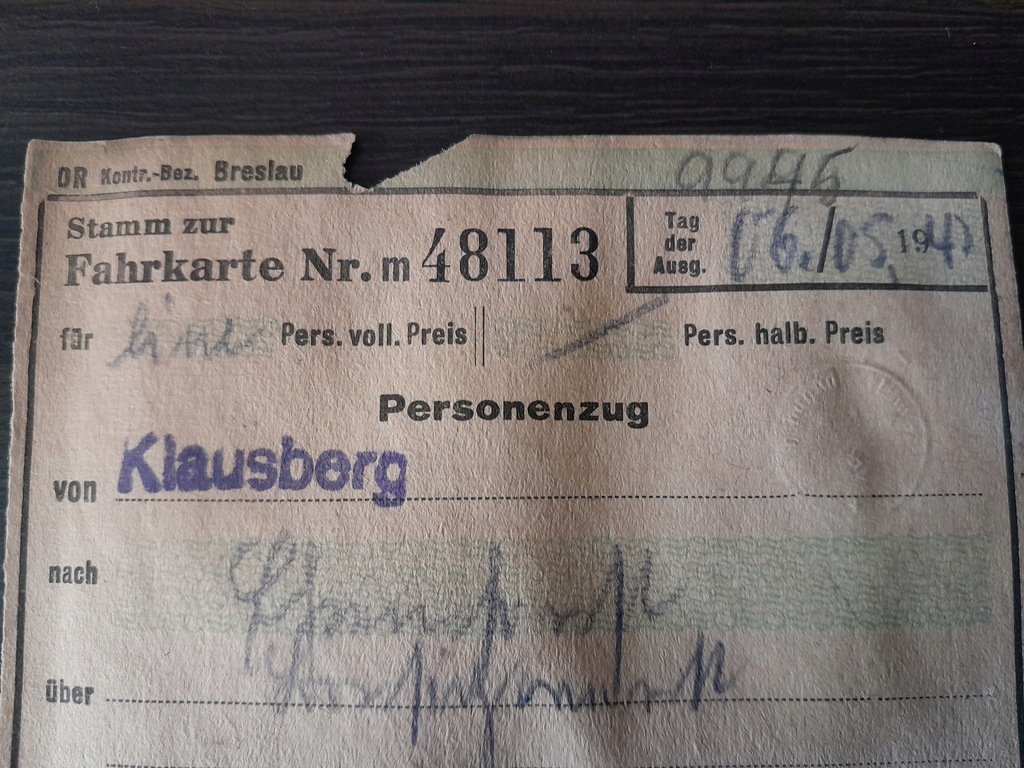 Fahrkarte Breslau – Klausberg 06.05.1942