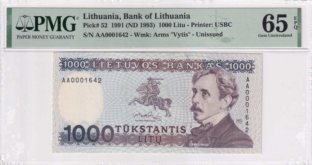 1000 Litu Litwa 1991 PMG 65 EPQ seria AA 0001642