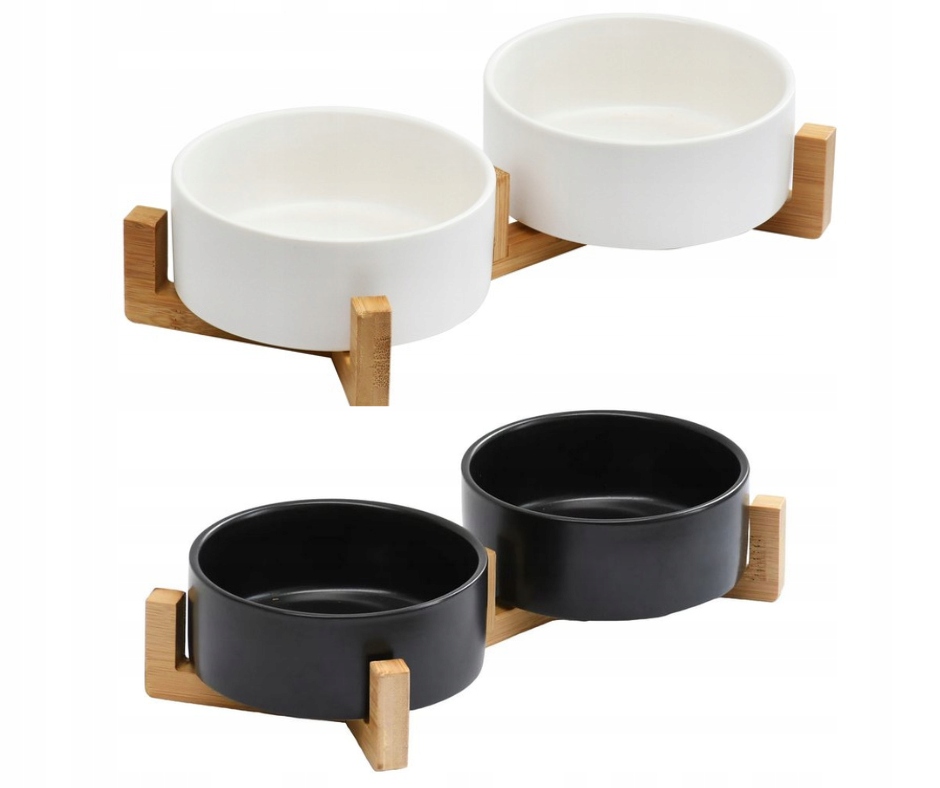 MISKA DLA PSA KOTA NA DREWNIANYM STOJAKU MISECZKA BIAŁA / CZARNA 2x400ml
