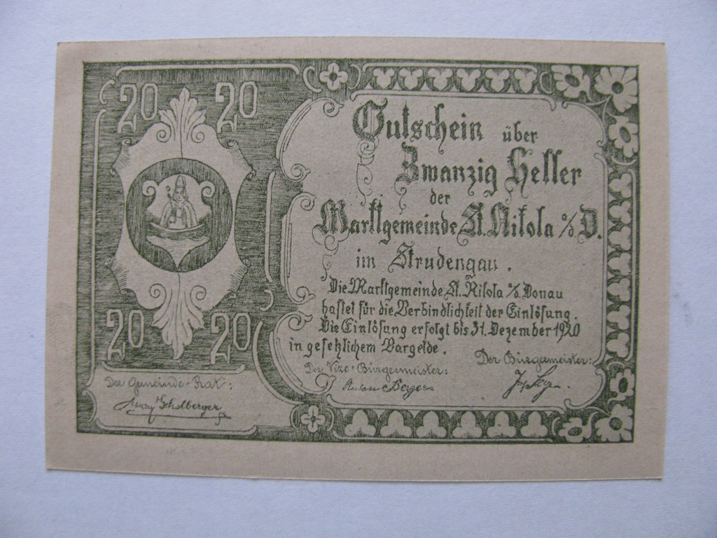 BANKNOT NOTGELD 20 HELLER 1920 STRUDENGAU