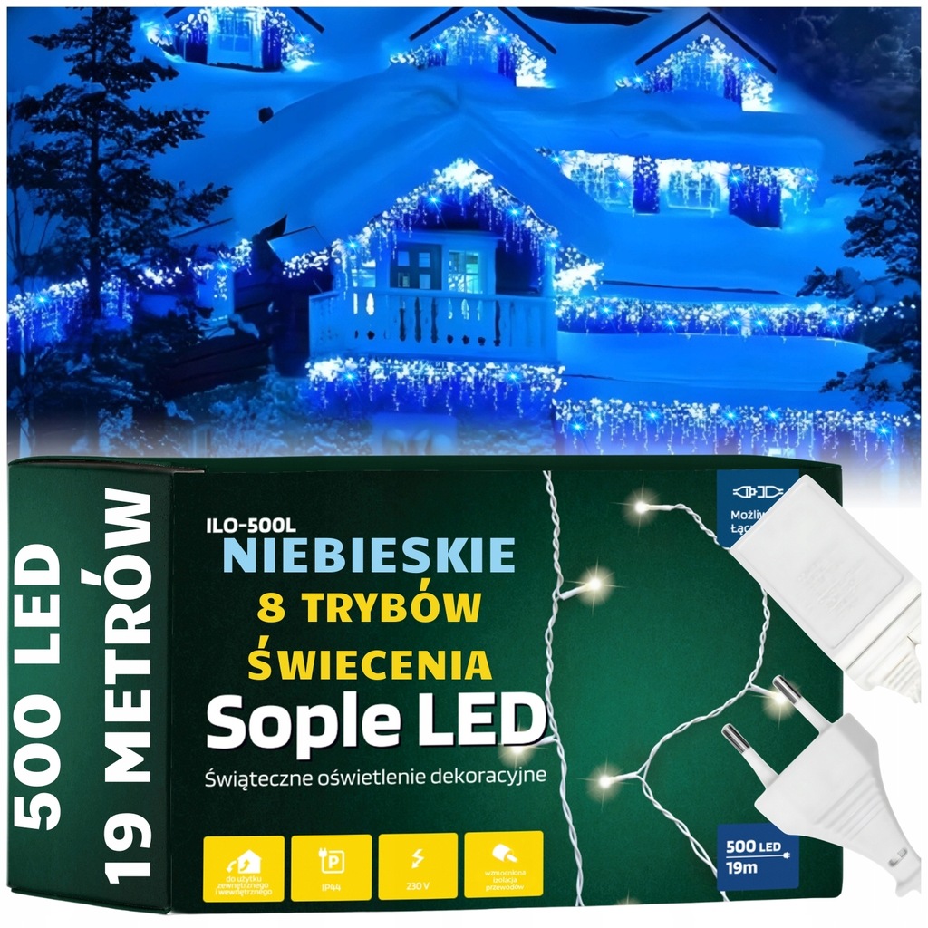 DŁUGIE SOPLE 19M LAMPKI ZEWNĘTRZNE DOM 500 LED NA PRĄD WZMACNIANE PRZEWODY