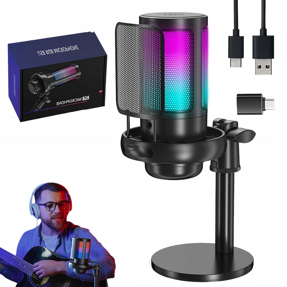 MIKROFON PRZEWODOWY DO GIER RGB PC DO TRANSMISJI NA ŻYWO WYCISZANIE JEDNYM