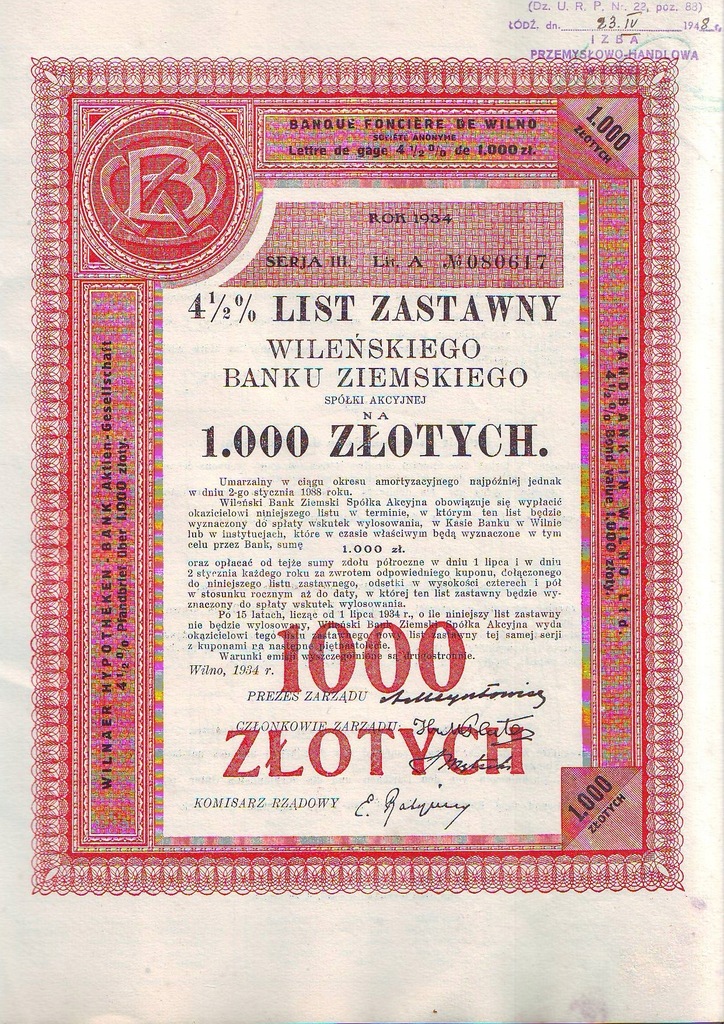 Wileński Bank Ziemski, LZ 1000 zł III serii z 1934 r.