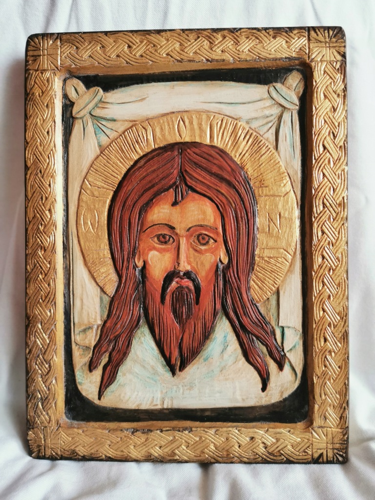 IKONA Mandylion - Chrystus - płaskorzeźba na desce- Andrzej Ferenczak