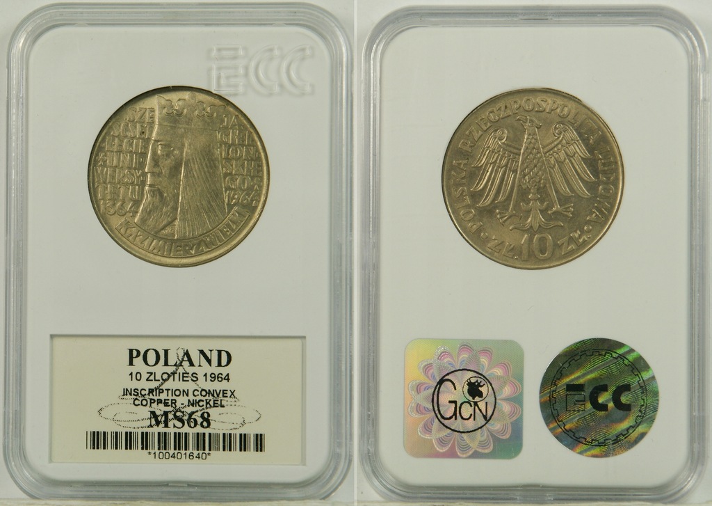 A. 10 ZŁOTYCH 1964 NAPIS WYPUKŁY MS68 22.06