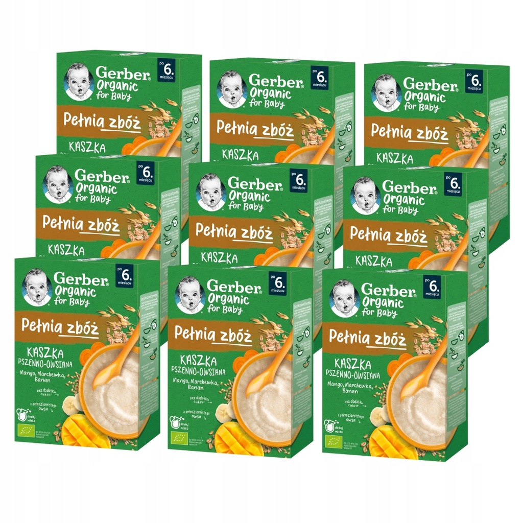 Kaszka pszenno owsiana Gerber Organic Pełnia zbóż mango marchewka 9x 200g