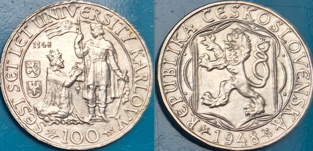 Czechosłowacja 100 koron 1948r. 600 lat Uniw. Karola KM 26 srebro 14 gram