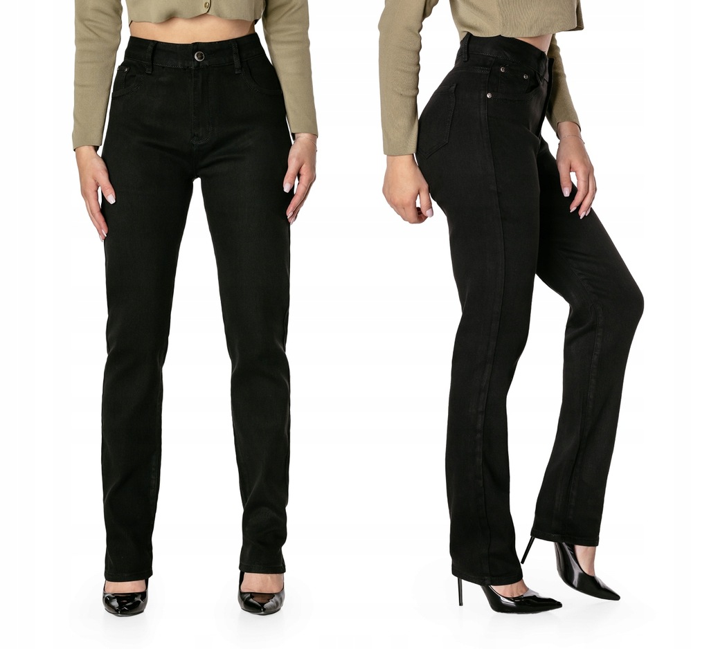 Czarne Spodnie Jeansy Damskie Wysoki Stan 354 W39