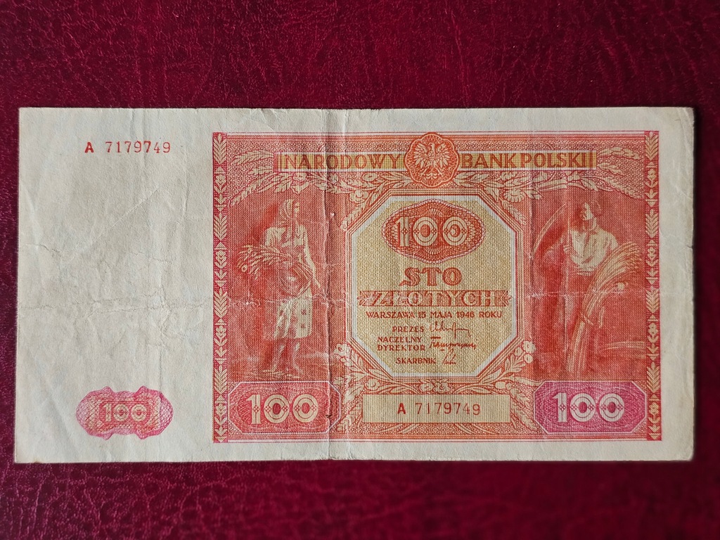 100 złotych 1946 rok Seria A 7179749 . Polecam - Bardzo ładny RZADKI