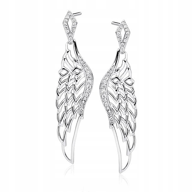 Długie srebrne kolczyki skrzydła cyrkonie +pudełko