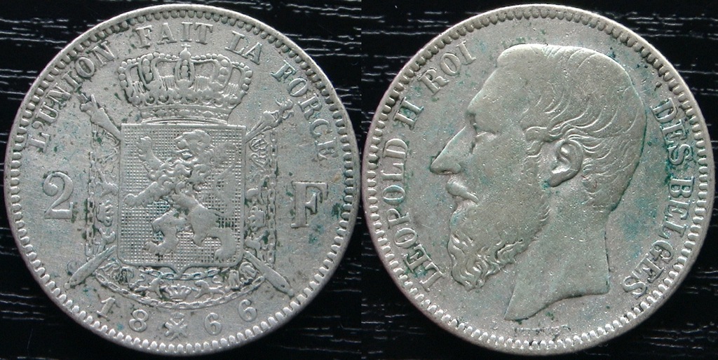 BELGIA 2 FRANKI 1866 DES - srebro,ładne
