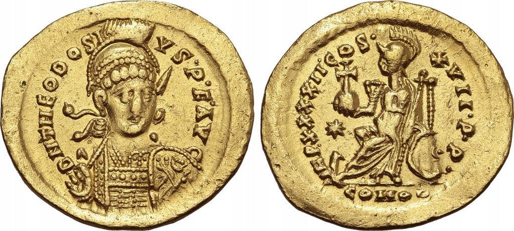 Złoty solid, Cesarstwo rzymskie, Teodozjusz II, 441-450 AD, ładny