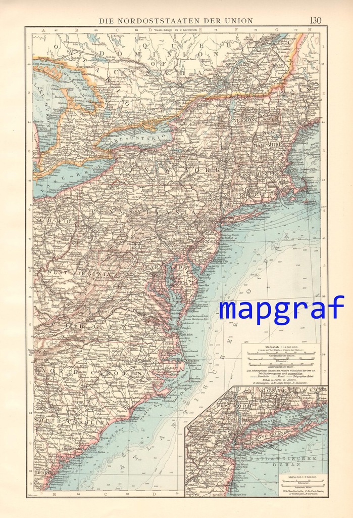 PÓŁNOCNO-WSCHODNIE STANY AMERYKI mapa z 1896 roku