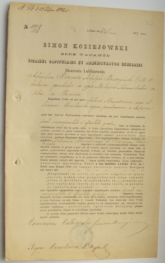 Dokument kanonik administrator diecezji lubelskiej 1882 Lublin; Międzyrzec