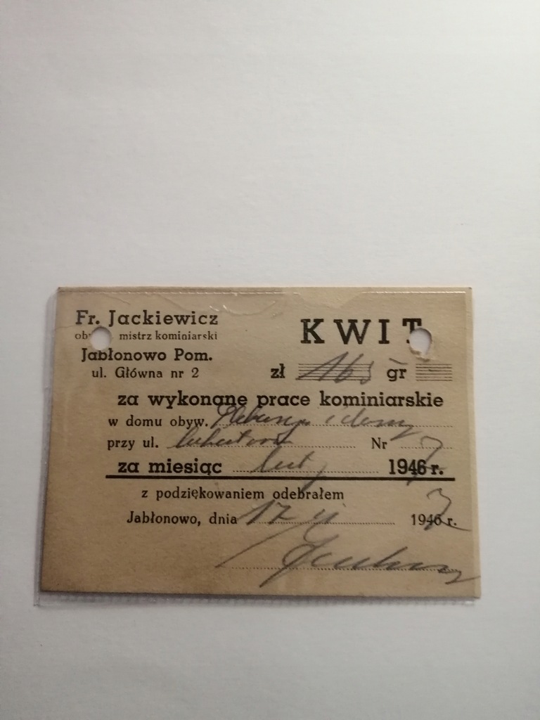 KWIT. FR. JACKIEWICZ - JABLONOWO POM. - KOMINIARZ 1946