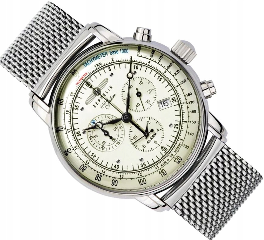 ZEGAREK MĘSKI ZEPPELIN 8680M-3 VINTAGE PILOT CHRONO ALARM SREBRNY MESH +BOX