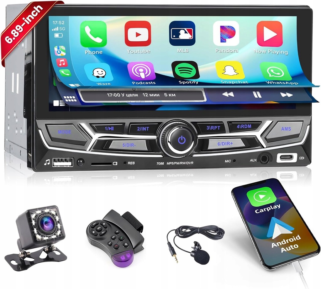 Radio samochodowe 2DIN z CarPlay Android Bluetooth zestaw z kamerą cofania