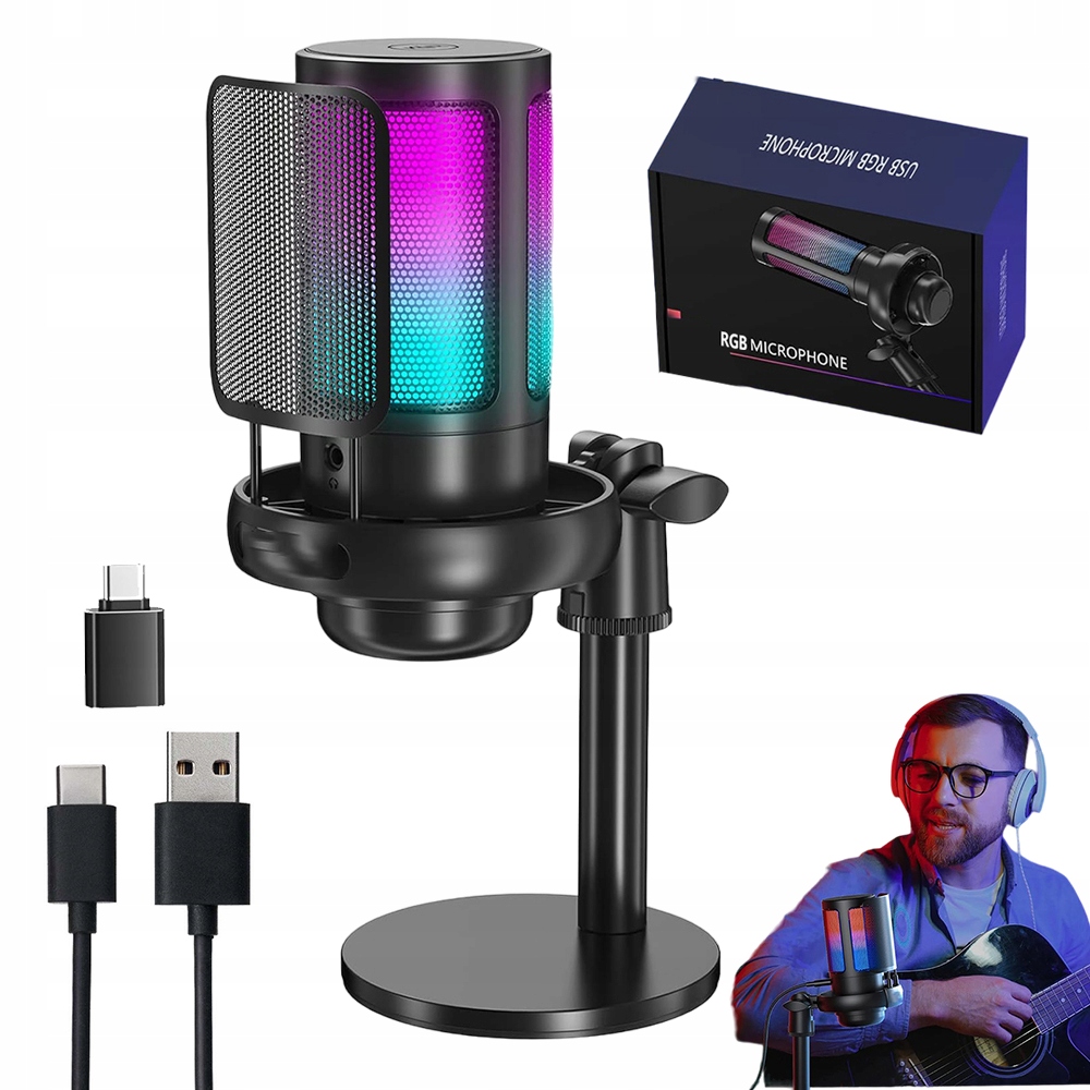 Mikrofon USB do Komputera Gamingowy Pop-Filter Pojemnościowy