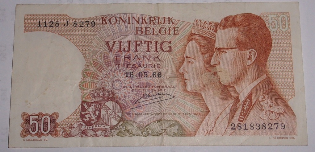 50 franków Belgia - Koninkrijk Belgie - banknot 1966 r.