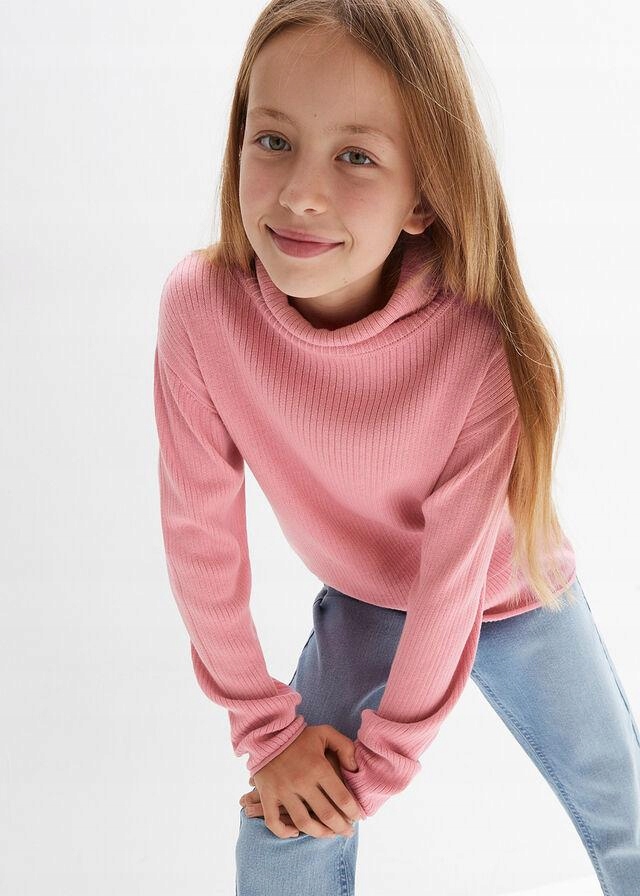 SWETER DZIEWCZĘCY Z GOLFEM RÓŻOWY W PRĄŻEK 1G2D09 Bonprix 152