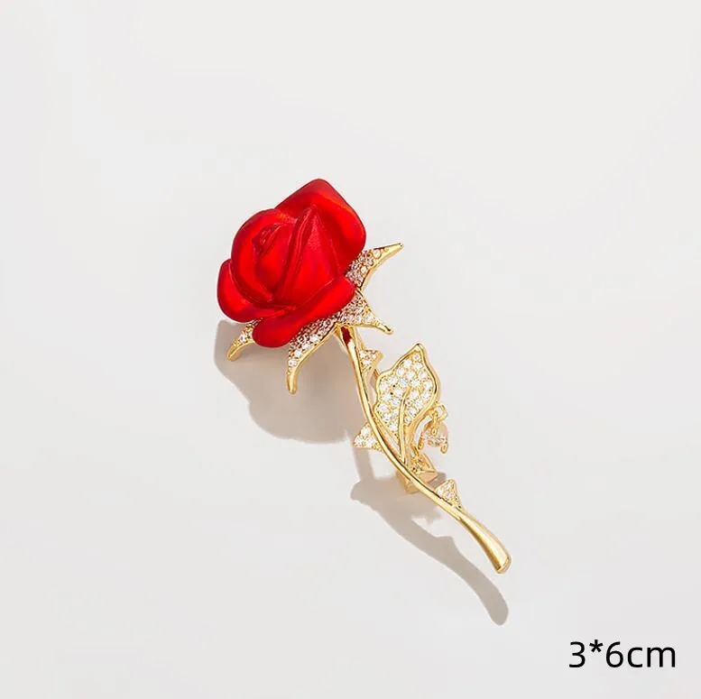 Rhinestone Red Rose Flower Brooches Pearl Tulip Floral Brooch for Women