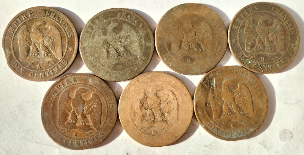 Zestaw monet Francja 10 centimes Napoleon III każdy inny rocznik 1853 1864