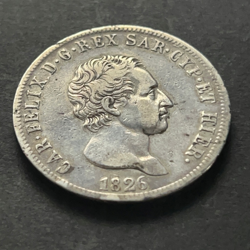 AGN, 13. Sardynia, 5 lirów 1826P, srebro próby 0,900, RZADKOŚĆ!
