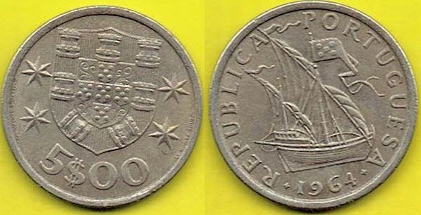 PORTUGALIA 5 ESCUDOS 1964 r.