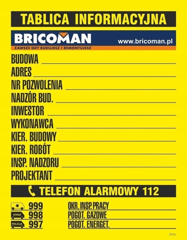 Tablica Informacyjna budowlana z logo Bricoman
