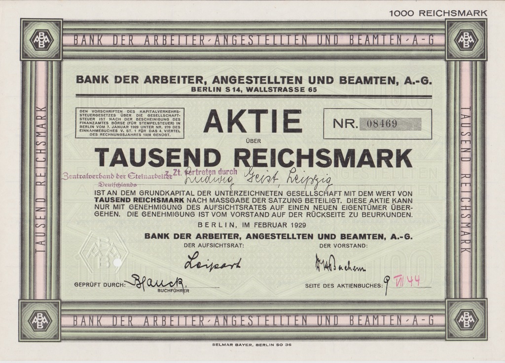 Bank Der Arbeiter Berlin AG 1000 RM filia Danzig