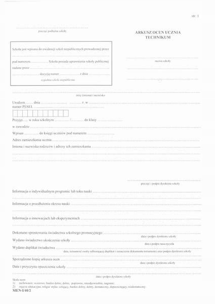 Arkusz ocen dla uczniów technikum