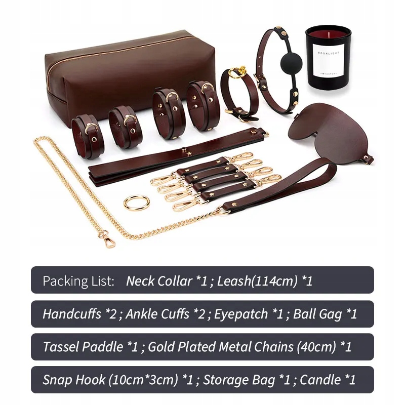 BDSM Bondage Kits Real Leather Handcuff Ankle Cuffs Collar Gag Slave Bed