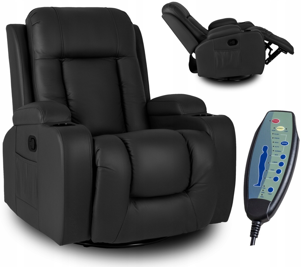 Fotel Rozkładany z Funkcją Masażu Wypoczynkowy z Ekoskóry BOX Czarny