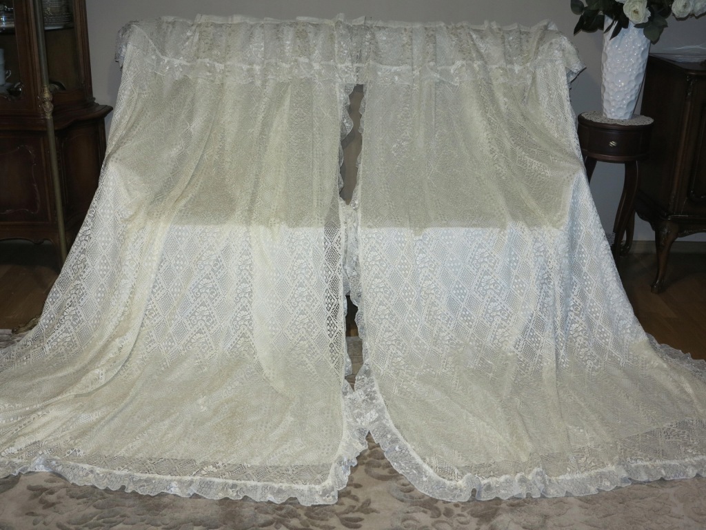 PRZEPIĘKNE DUŻE ROMANTYCZNE KORONKOWE ZASŁONY Z LAMBREKINEM ECRU FALBANKI