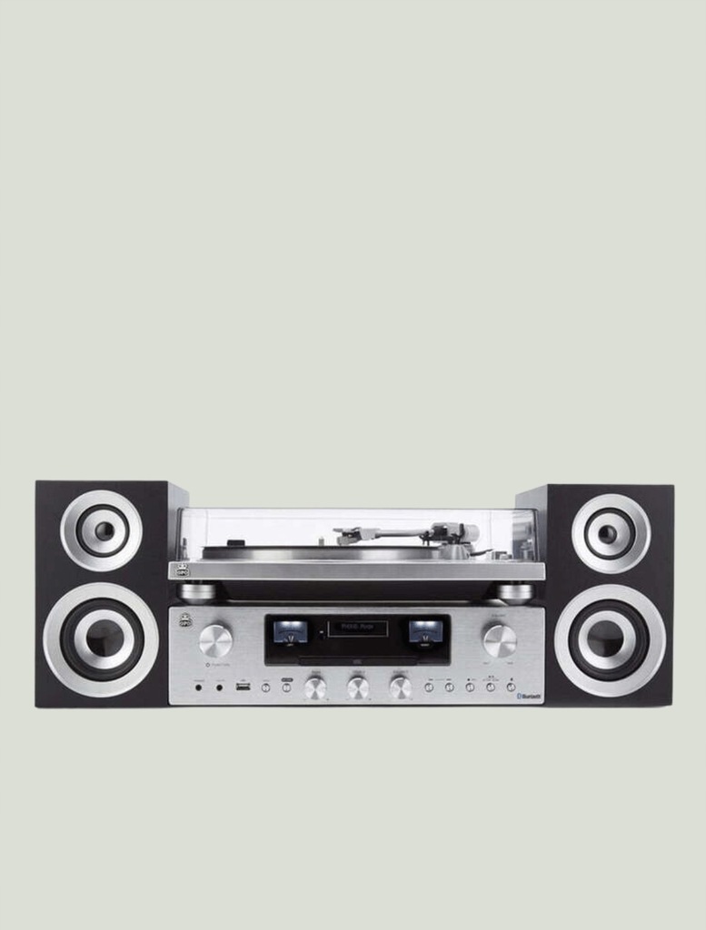 Gramofon i odtwarzacz strumieniowy w srebrnym kolorze GPO PR100/200 Bundle