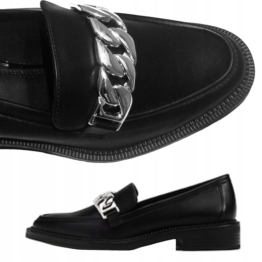 STRADIVARIUS Czarne Mokasyny SREBRNY Łańcuszek 38