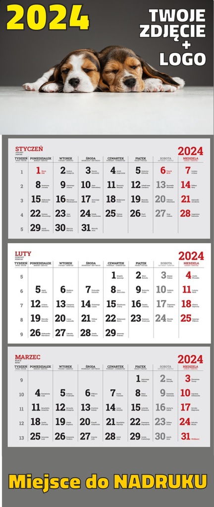 Kalendarz TRÓJDZIELNY 2024 z DOWOLNYM Nadrukiem FIRMOWE LOGO 50 sztuk
