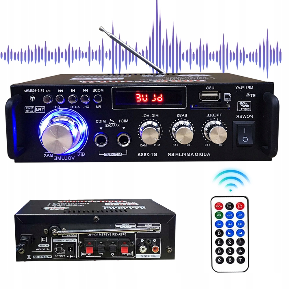 WZMACNIACZ BLUETOOTH 5.0 GNIAZDA MIKROFONOWE 600W + pilot