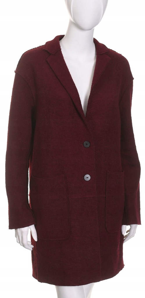 ZARA BASIC burgundowy płaszcz damski z prążkowanej dzianiny 52% wełna S