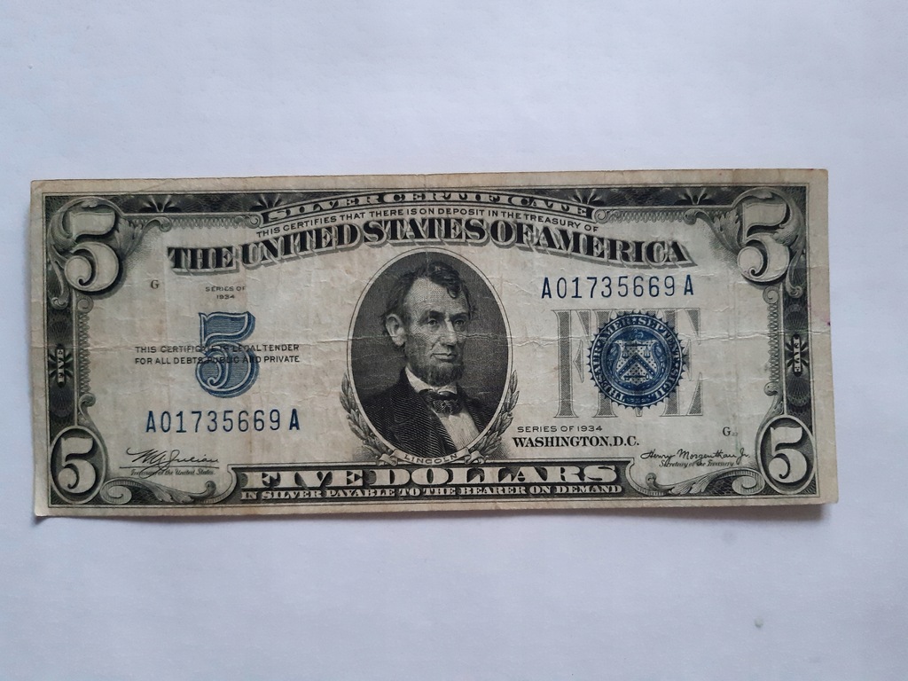 5 $ 1934 USA SILVER CERTYFICAT