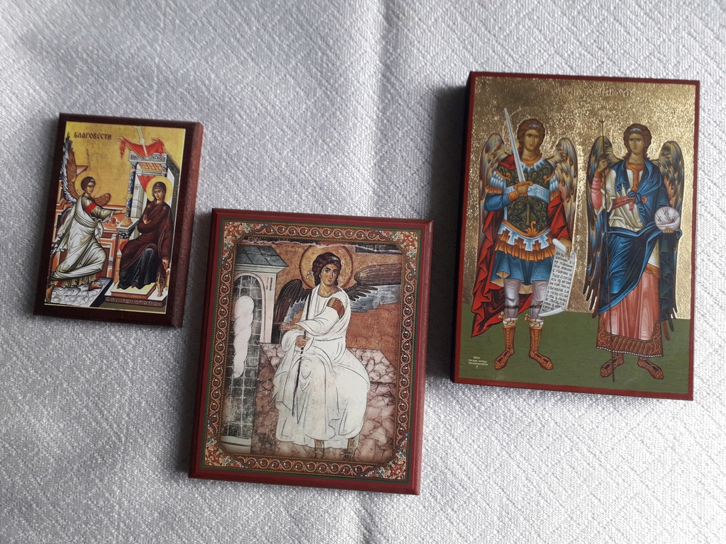 3 ikony Archanioły złocone, siedzący anioł Serbia i Grecja, Kosovo - Tanio!