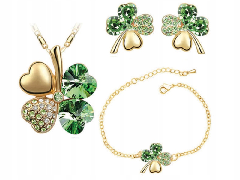Złoty komplet biżuterii koniczynki zielone prezent