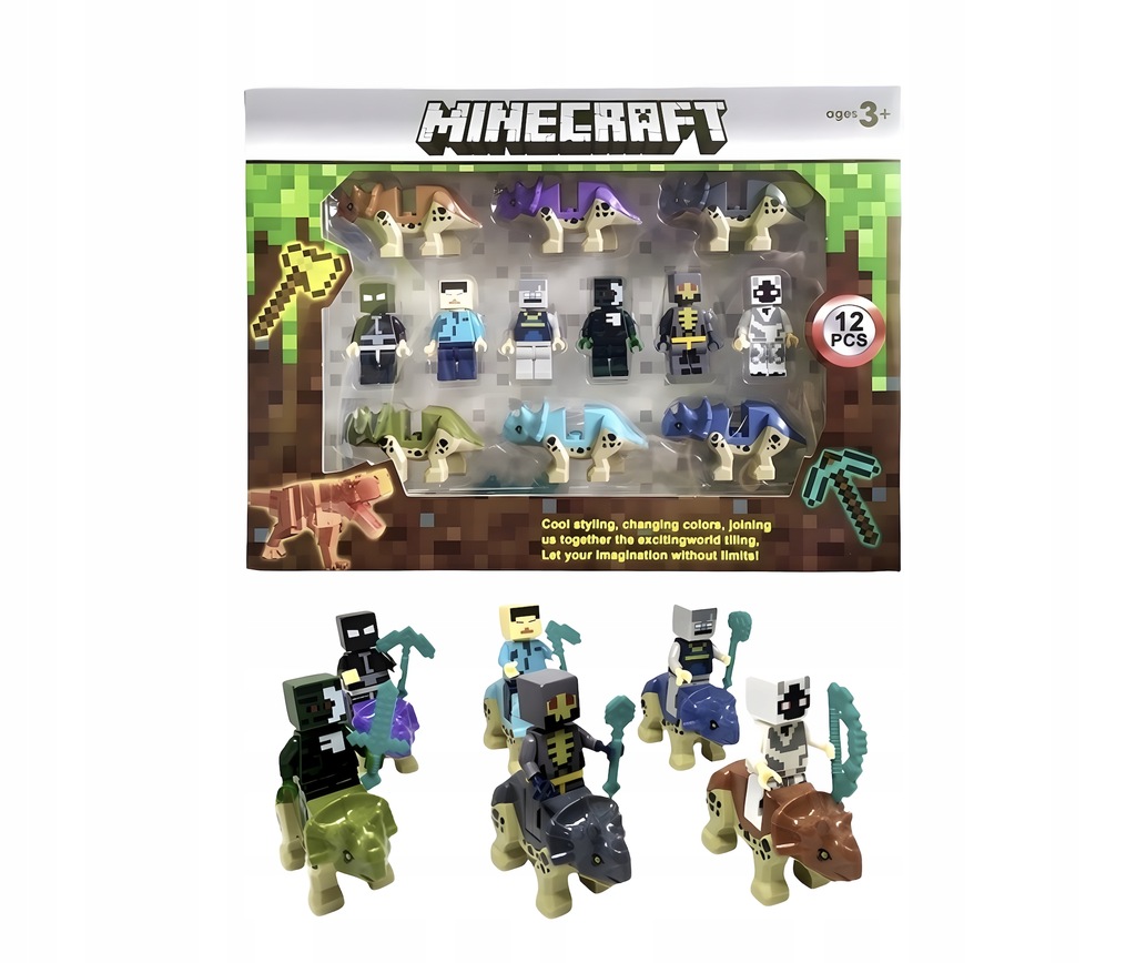 MINECRAFT ZESTAW 12 FIGUREK DINOZAURY KLOCKI FIGURKI Z GRY AKCESORIA 12w1