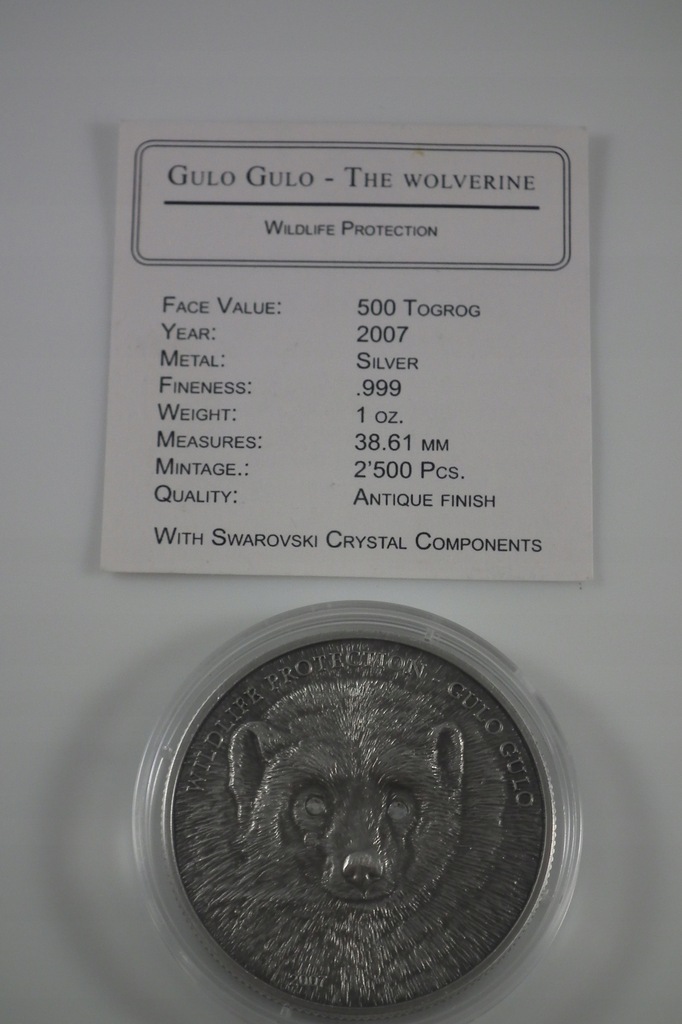 Moneta MONGOLIA 500 Togrog Gulo Gulo Swarovski !