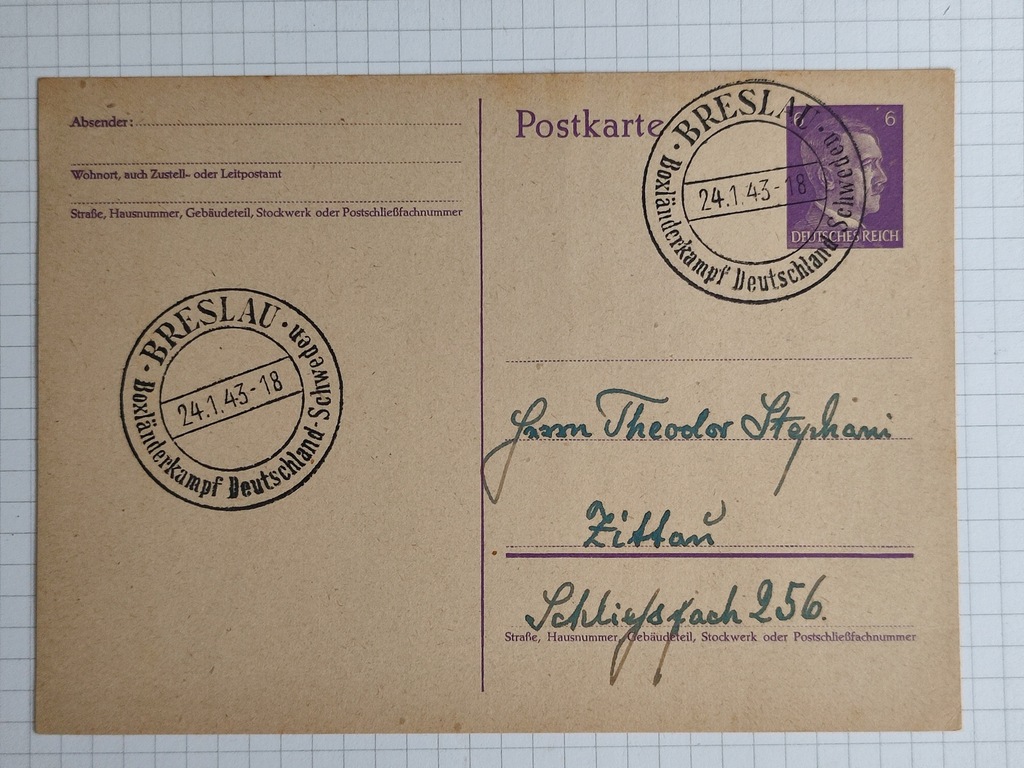 Karta Pocztowa Breslau 1943 Mecz Bokserski Niemcy-Szwecja