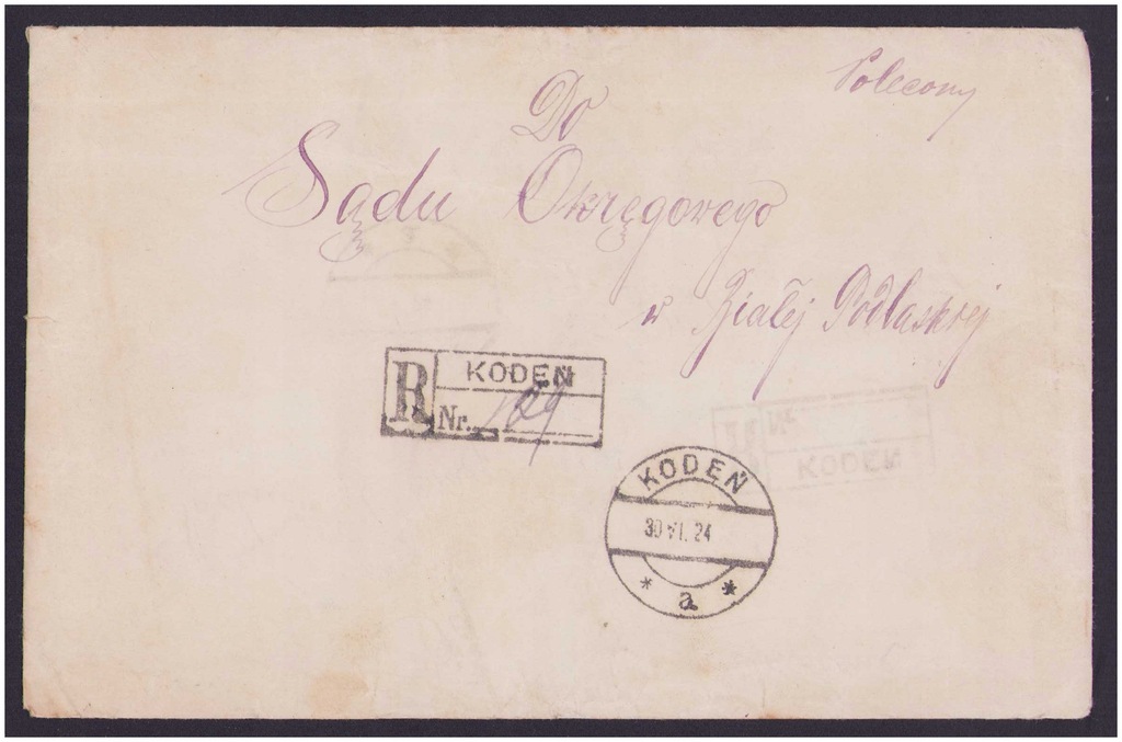 1924 Koperta listu poleconego Kodeń - Biała Podlaska, obieg Fi 190