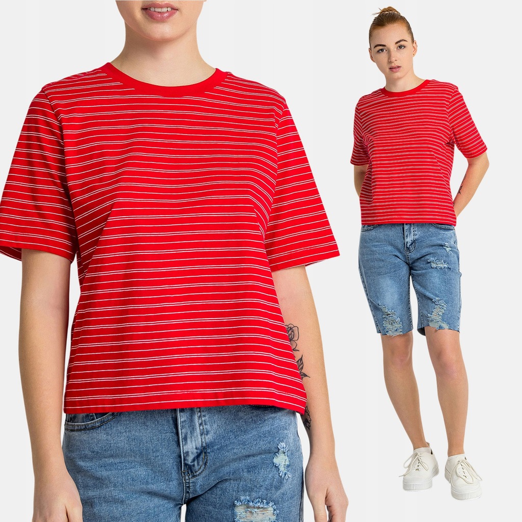 T-shirt Damski Koszulka Bawełniana z Printem w Paski Luźna Czerwona XL